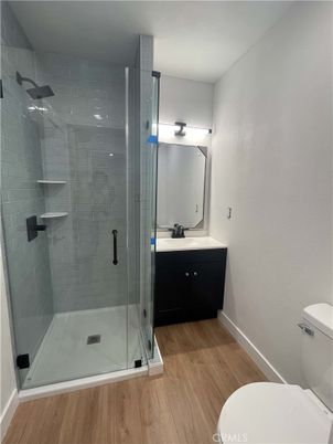 Bathroom, Glass Shower, Interior, Wood Texture Flooring