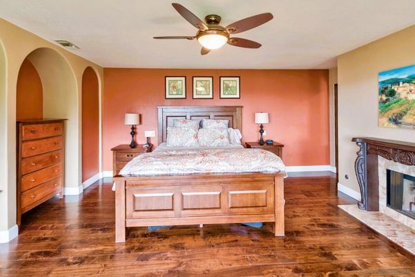 Bedroom, Fireplace, Interior, Wood Texture Flooring