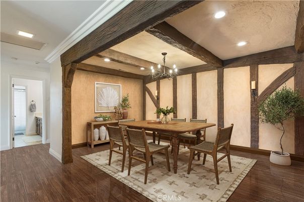 Chandelier, Dining room, Interior, Recessed Lighting, Wooden Beams, Wood Texture Flooring