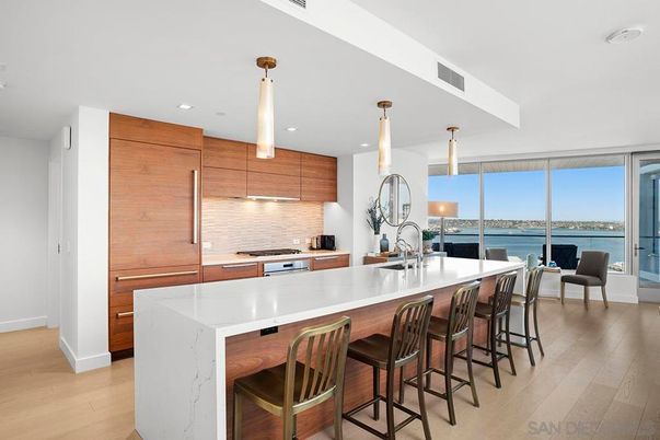Interior, Kitchen, Pendant Lights, Recessed Lighting, Stainless Steel Appliances, Water, Wood Texture Flooring
