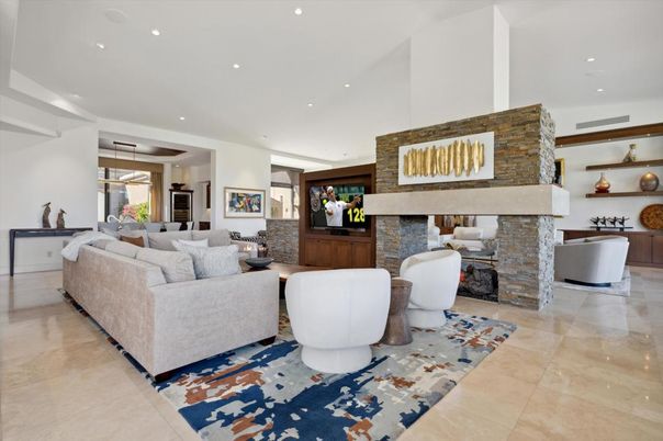 Fireplace, Interior, Living room, Recessed Lighting, Stone Walls