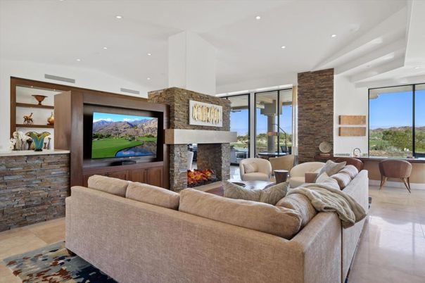 Fireplace, Interior, Living room, Pendant Lights, Recessed Lighting, Stone Walls