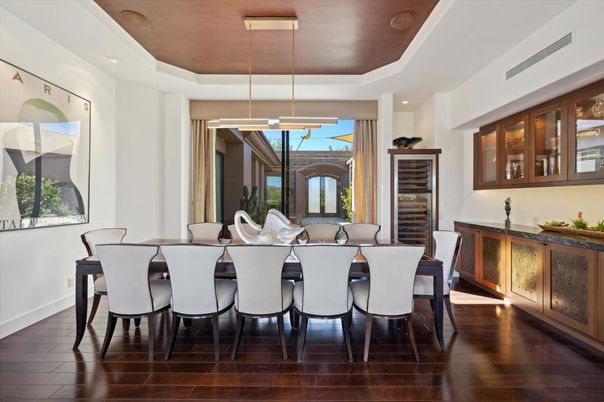 Dining room, Interior, Pendant Lights, Recessed Lighting, Wood Texture Flooring