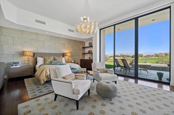 Bedroom, Chandelier, Interior, Pendant Lights, Recessed Lighting, Stone Walls, Wood Texture Flooring