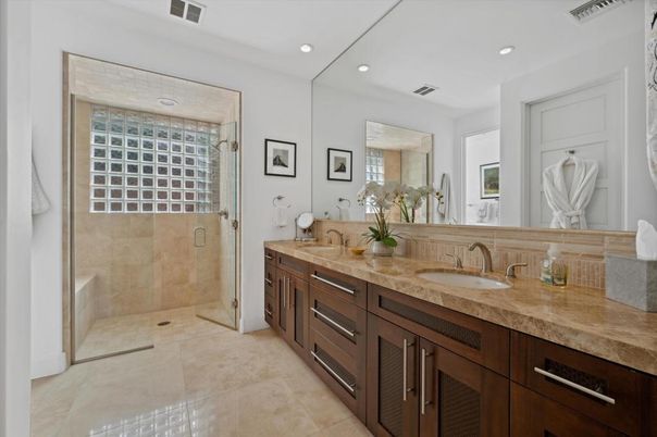 Bathroom, Dual Sink Vanities, Glass Shower, Interior, Recessed Lighting