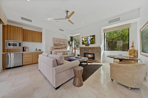 Fireplace, Interior, Kitchen, Living room, Recessed Lighting, Stainless Steel Appliances