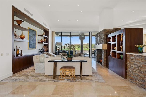 Fireplace, Interior, Living room, Recessed Lighting, Stone Walls
