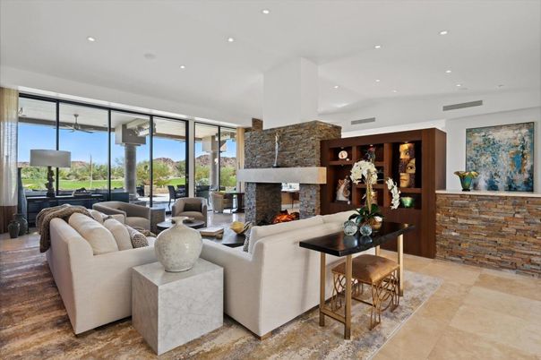 Fireplace, Interior, Living room, Recessed Lighting, Stone Walls