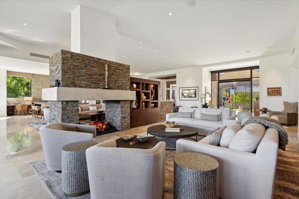 Fireplace, Interior, Living room, Recessed Lighting, Stone Walls