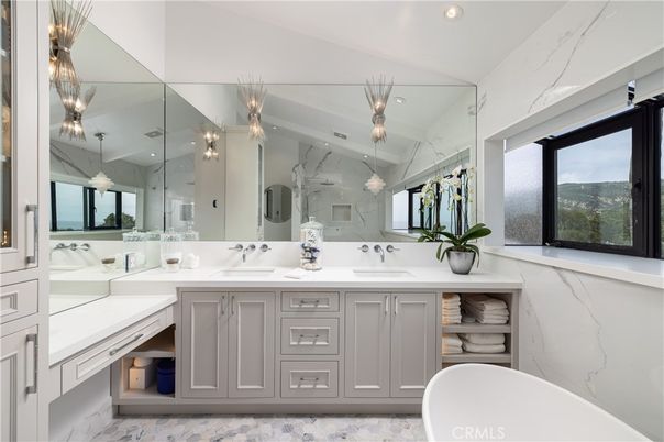 Bathroom, Dual Sink Vanities, Free Standing Baths, Glass Shower, Interior, Marble Walls, Recessed Lighting