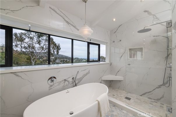 Bathroom, Free Standing Baths, Glass Shower, Interior, Marble Walls, Pendant Lights, Recessed Lighting