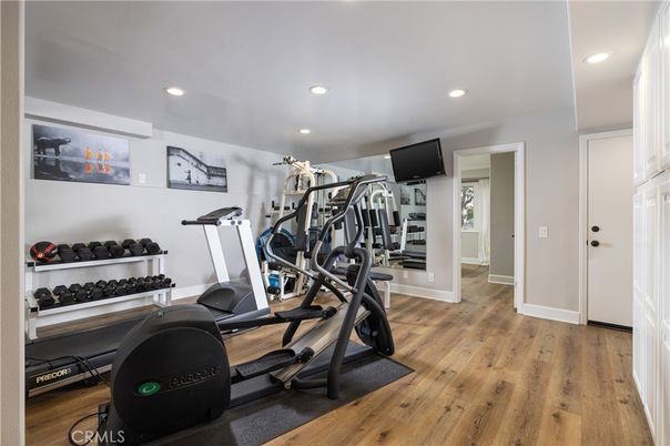 Fitness Equipment, Gym, Interior, Recessed Lighting, Wood Texture Flooring