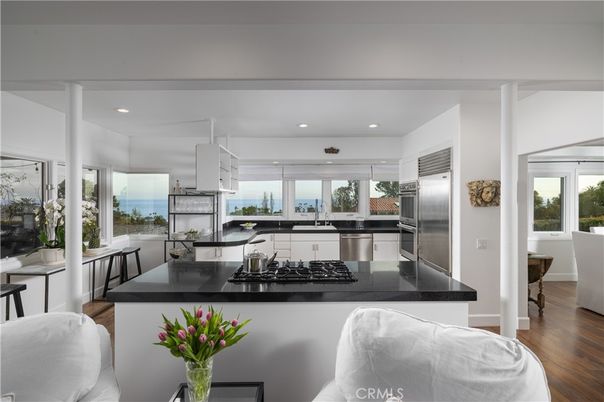 Interior, Kitchen, Recessed Lighting, Stainless Steel Appliances, Water, Wood Texture Flooring
