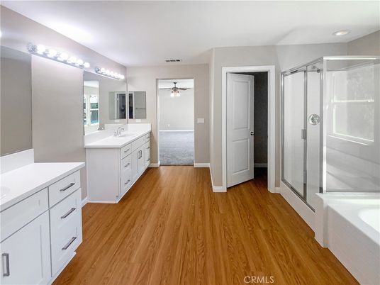 Bathroom, Glass Shower, Interior, Recessed Lighting, Wood Texture Flooring