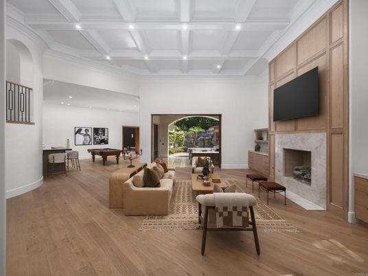 Fireplace, Interior, Living room, Piano, Recessed Lighting, Wood Texture Flooring