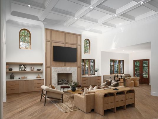 Fireplace, Interior, Living room, Recessed Lighting, Wood Texture Flooring