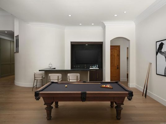Billiard Table, Game Room, Interior, Recessed Lighting, Wood Texture Flooring