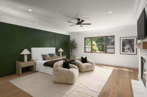 Bedroom, Fireplace, Interior, Recessed Lighting, Wood Texture Flooring