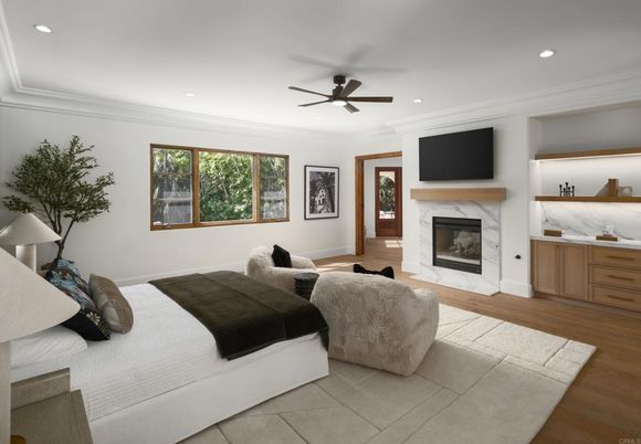 Bedroom, Fireplace, Interior, Recessed Lighting, Wood Texture Flooring