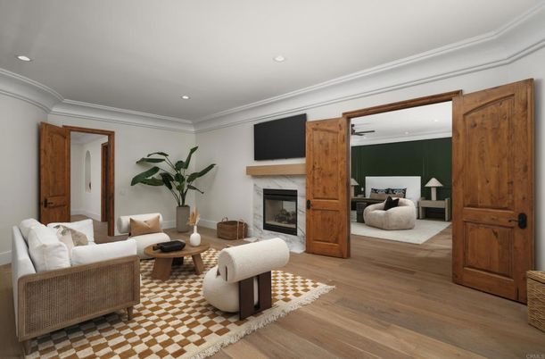 Bedroom, Fireplace, Interior, Living room, Recessed Lighting, Wood Texture Flooring