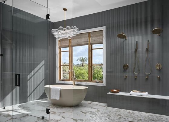 Bathroom, Free Standing Baths, Glass Shower, Interior, Marble, Pendant Lights