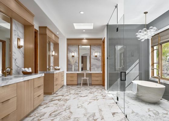 Bathroom, Dual Sink Vanities, Free Standing Baths, Glass Shower, Interior, Marble, Marble Walls, Pendant Lights, Recessed Lighting