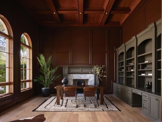 Fireplace, Home Office, Interior, Recessed Lighting, Wooden Beams, Wooden Ceilings, Wood Texture Flooring, Wooden Walls