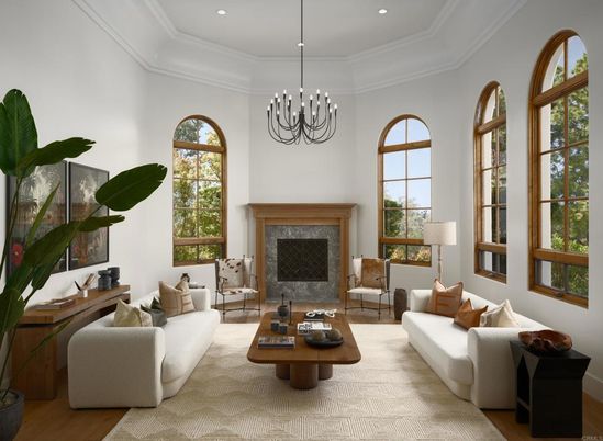 Chandelier, Fireplace, Interior, Living room, Recessed Lighting, Wood Texture Flooring