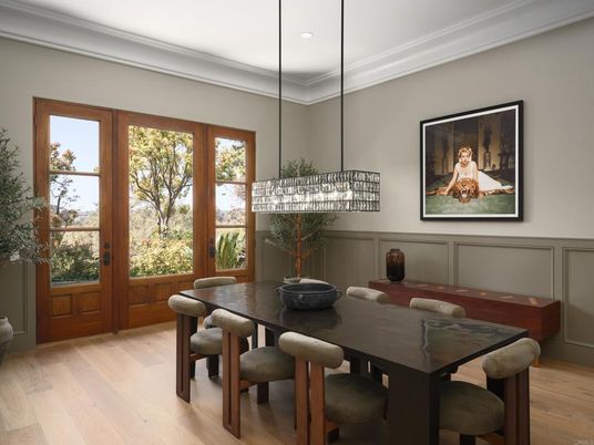Dining room, Interior, Pendant Lights, Recessed Lighting, Wood Texture Flooring