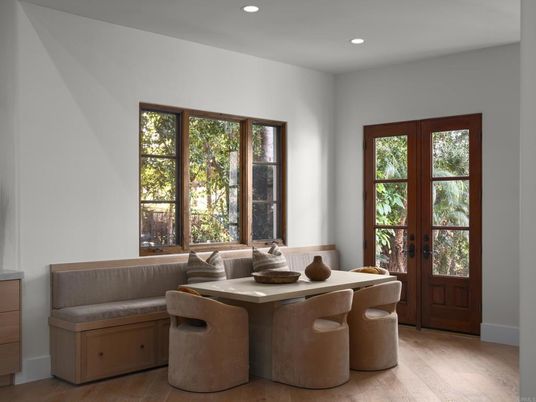 Dining room, Interior, Recessed Lighting, Wood Texture Flooring