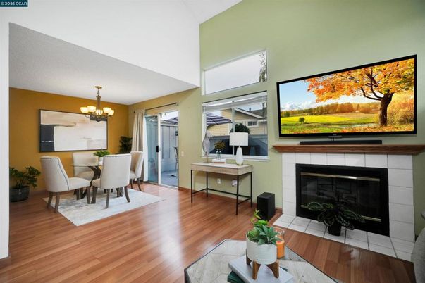Chandelier, Dining room, Fireplace, Interior, Wood Texture Flooring