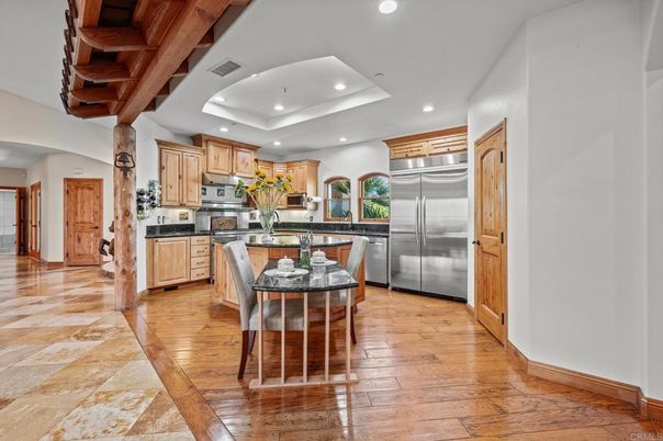 Interior, Kitchen, Recessed Lighting, Stainless Steel Appliances, Wooden Beams, Wood Texture Flooring