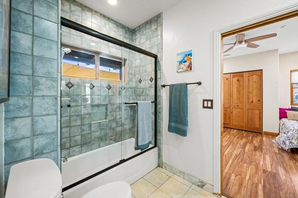 Bathroom, Glass Shower, Interior, Recessed Lighting, Wood Texture Flooring