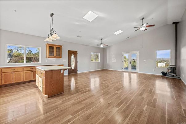 Empty room, Interior, Kitchen, Pendant Lights, Wood Texture Flooring