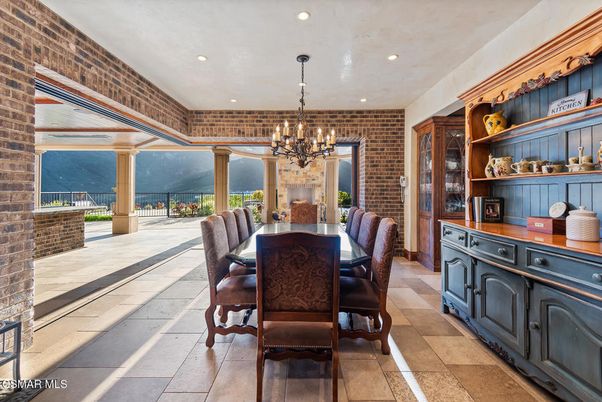 Chandelier, Dining room, Interior, Recessed Lighting, Stone Walls