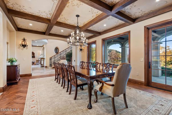 Chandelier, Dining room, Interior, Recessed Lighting, Wooden Beams, Wood Texture Flooring