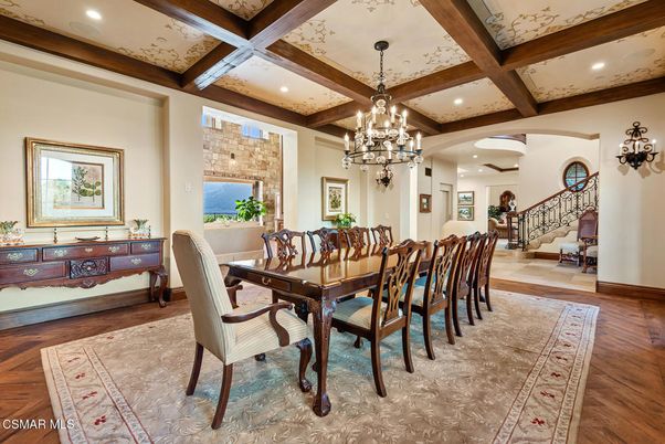 Chandelier, Dining room, Interior, Recessed Lighting, Wooden Beams, Wood Texture Flooring