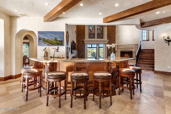 Fireplace, Interior, Recessed Lighting, Stone Walls, Wooden Beams