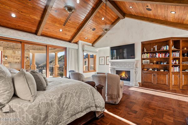 Bedroom, Fireplace, Interior, Recessed Lighting, Wooden Beams, Wooden Ceilings, Wood Texture Flooring