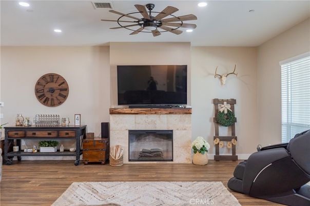 Fireplace, Interior, Recessed Lighting, Wood Texture Flooring