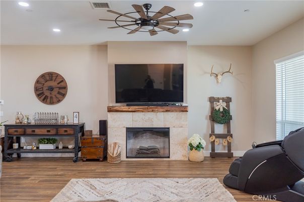 Fireplace, Interior, Recessed Lighting, Wood Texture Flooring