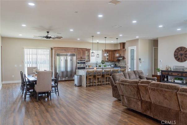 Dining room, Interior, Kitchen, Living room, Pendant Lights, Recessed Lighting, Stainless Steel Appliances, Wood Texture Flooring
