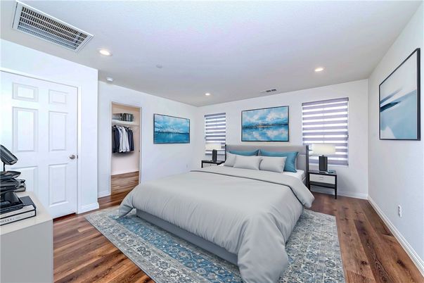 Bedroom, Interior, Recessed Lighting, Wood Texture Flooring