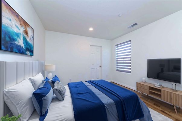 Bedroom, Interior, Recessed Lighting, Wood Texture Flooring