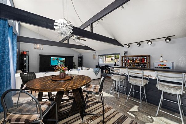 Dining room, Interior, Living room, Pendant Lights, Wooden Beams, Wood Texture Flooring