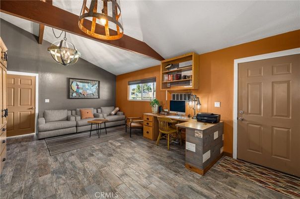 Home Office, Interior, Living room, Pendant Lights, Wooden Beams, Wood Texture Flooring