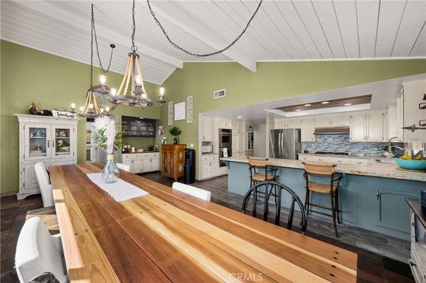 Chandelier, Dining room, Interior, Kitchen, Pendant Lights, Recessed Lighting, Stainless Steel Appliances