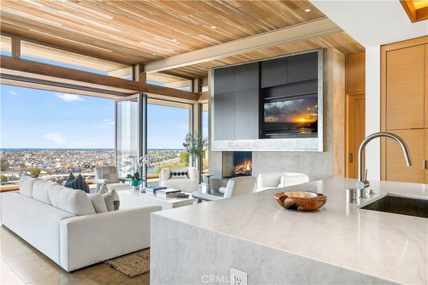 Fireplace, Interior, Kitchen, Living room, Recessed Lighting, Wooden Ceilings