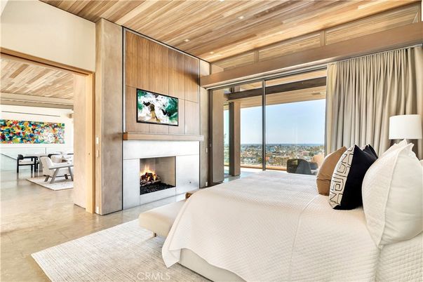 Bedroom, Fireplace, Interior, Recessed Lighting, Wooden Ceilings, Wooden Walls