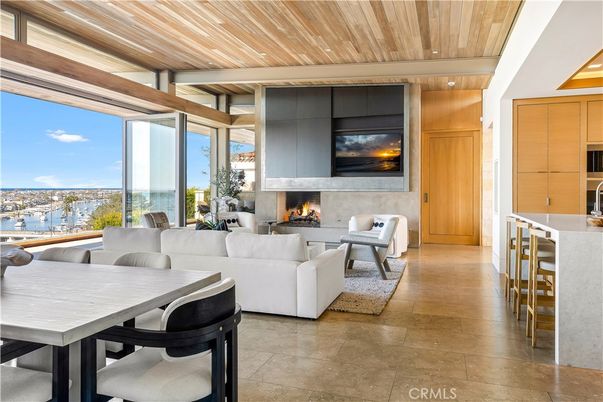 Dining room, Fireplace, Interior, Living room, Water, Wooden Ceilings